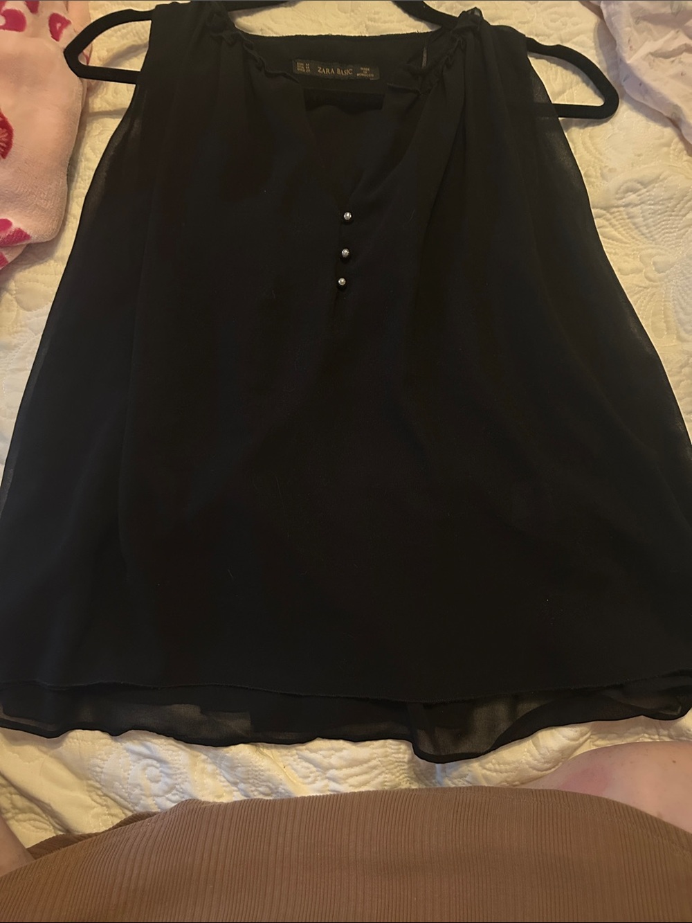Zara Black Sleeveless Chiffon Top with Pearl Buttons